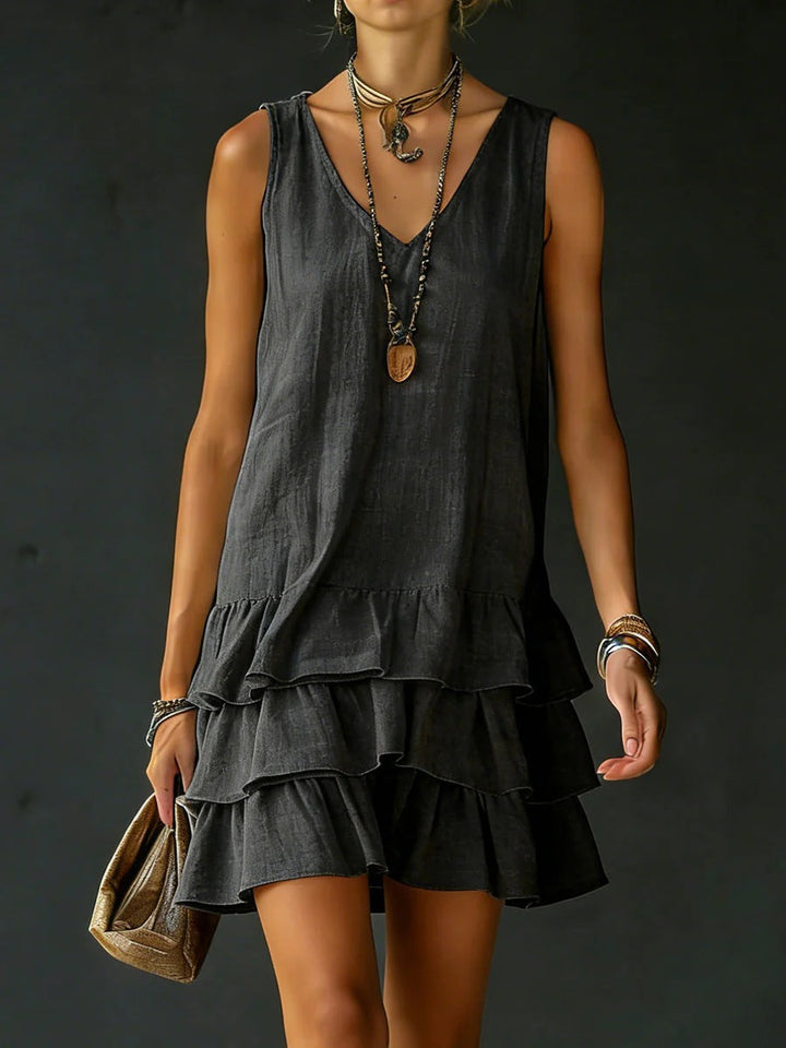 Robe courte femme fluide et légère à volants, coupe sans manches, parfaite pour un look décontracté d'été.