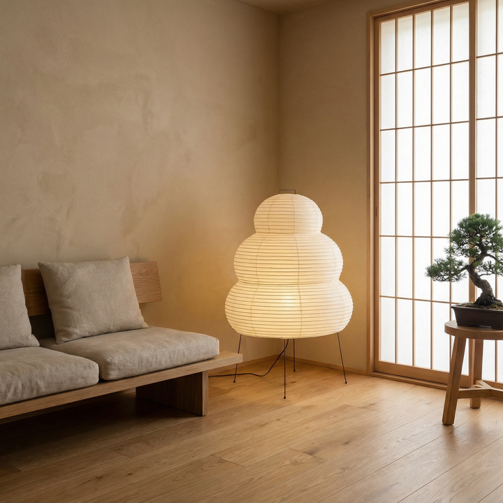 Décoration de salon/chambre: Lampe sur pied design Japandi moderne, diffuse une lumière douce pour ambiance zen.