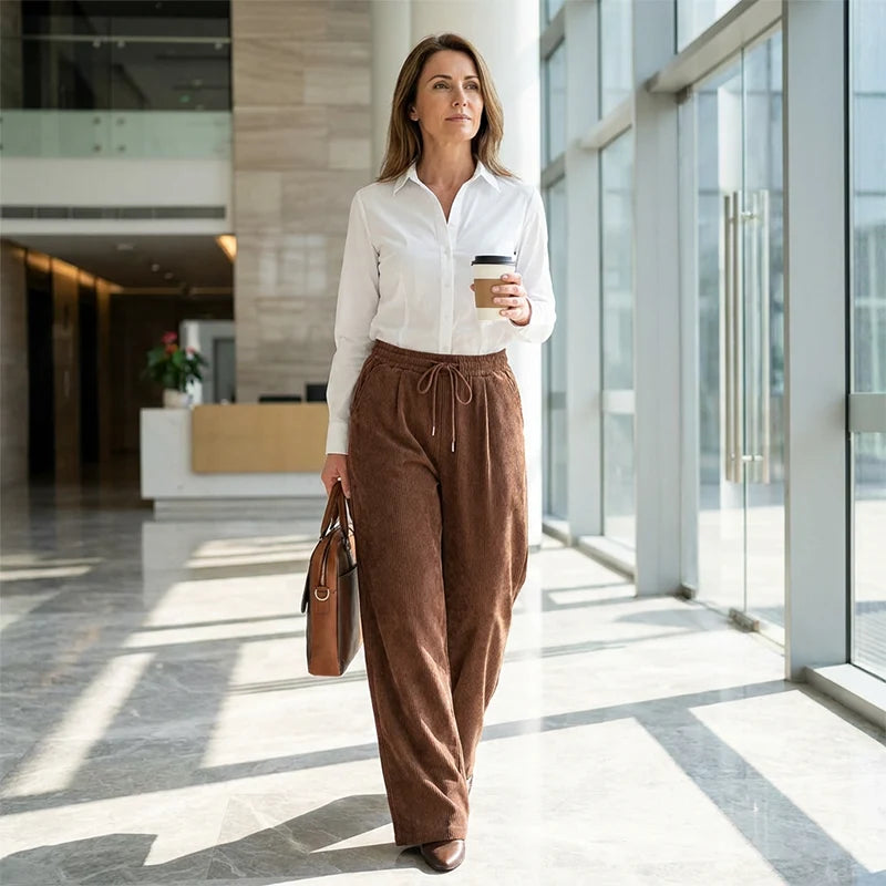 Pantalon velours côtelé moderne femme, coupe large et fluide, parfait pour un confort décontracté.
