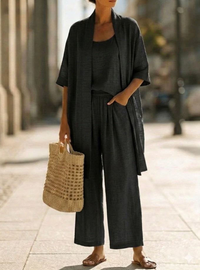 Ensemble femme chic 3 pièces noir: cardigan, débardeur et pantalon droit. Tenue polyvalente printemps-automne.