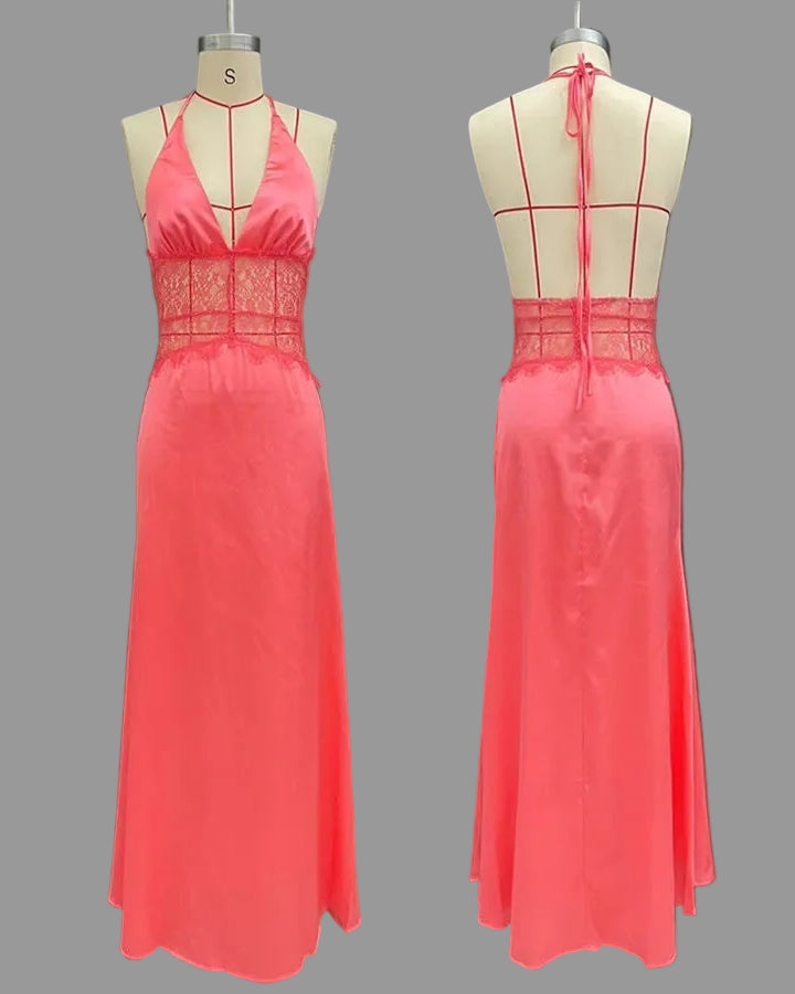 Superbe robe longue femme halter pour soirée, avec fente élégante. Parfaite pour toute occasion spéciale.