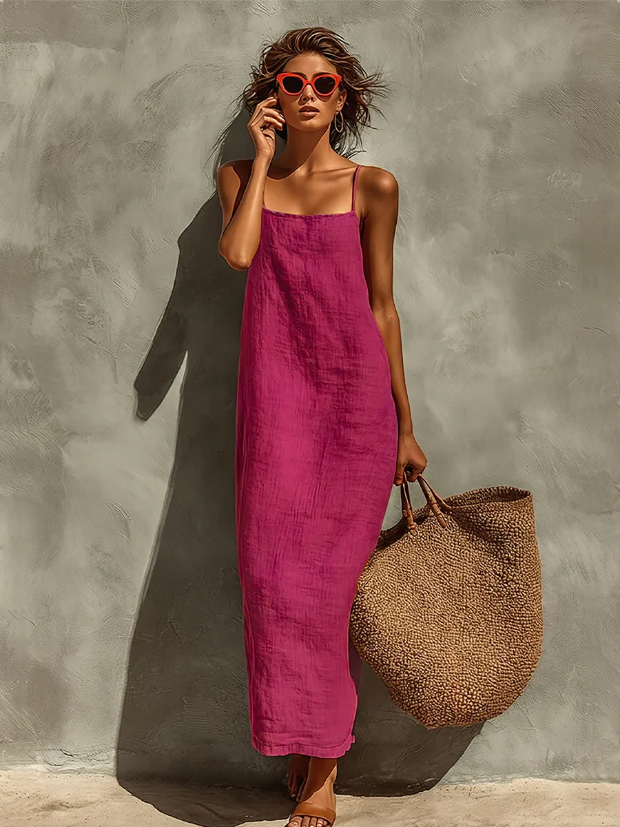 Robe longue femme printanière, ample et chic. Encolure carrée pour une silhouette moderne et confortable.