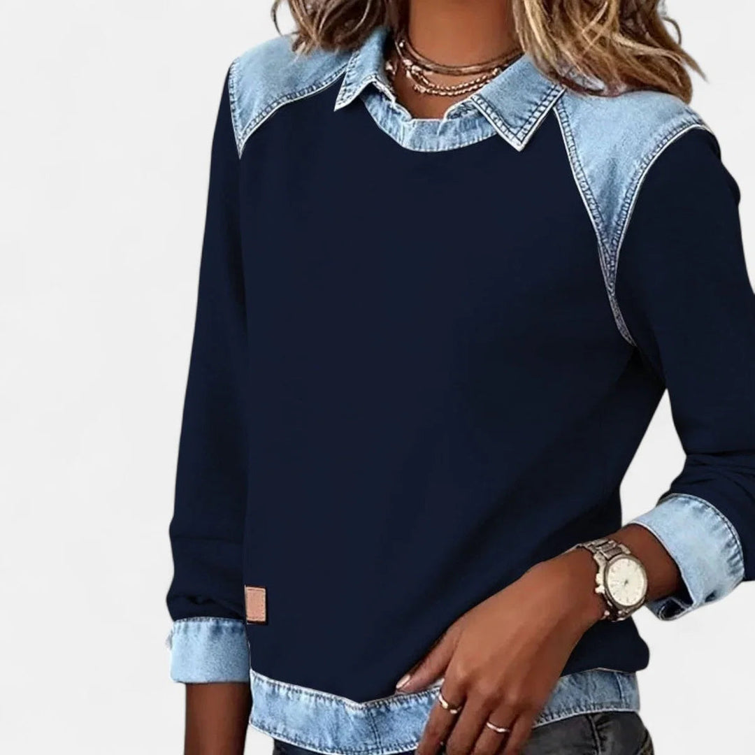 Haut femme élégant avec col chemise bicolore, pull décontracté polyvalent pour hiver.