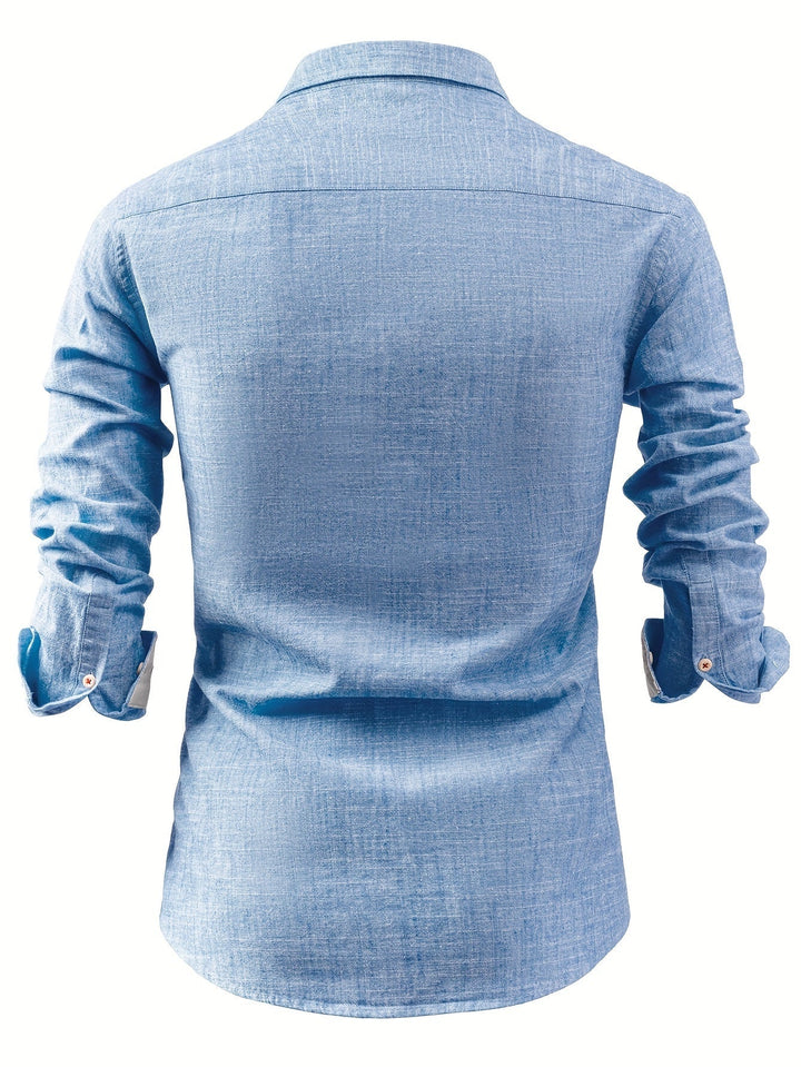 Chemise masculine chic coupe droite, manches longues, parfaite pour tenue élégante ou casual.