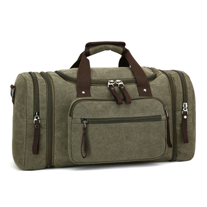 Détail du sac de voyage homme en toile robuste, mettant en avant sa résistance et son design multicouleur.