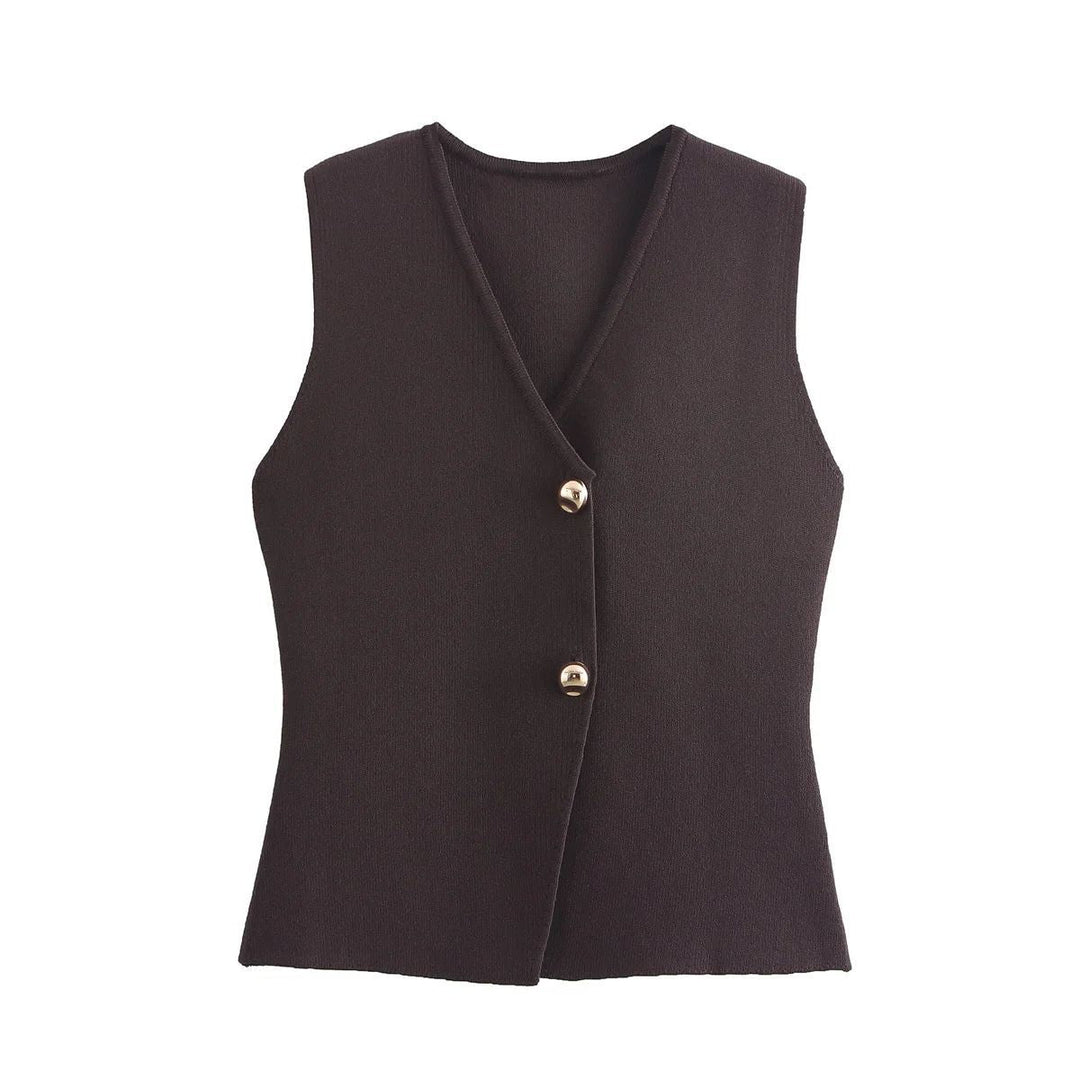 Gilet cardigan femme chic, sans manches, idéal pour créer un look raffiné et tendance en toute saison.