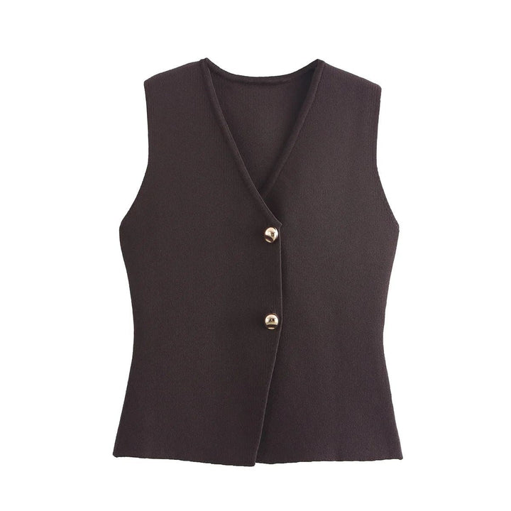 Gilet cardigan femme chic, sans manches, idéal pour créer un look raffiné et tendance en toute saison.