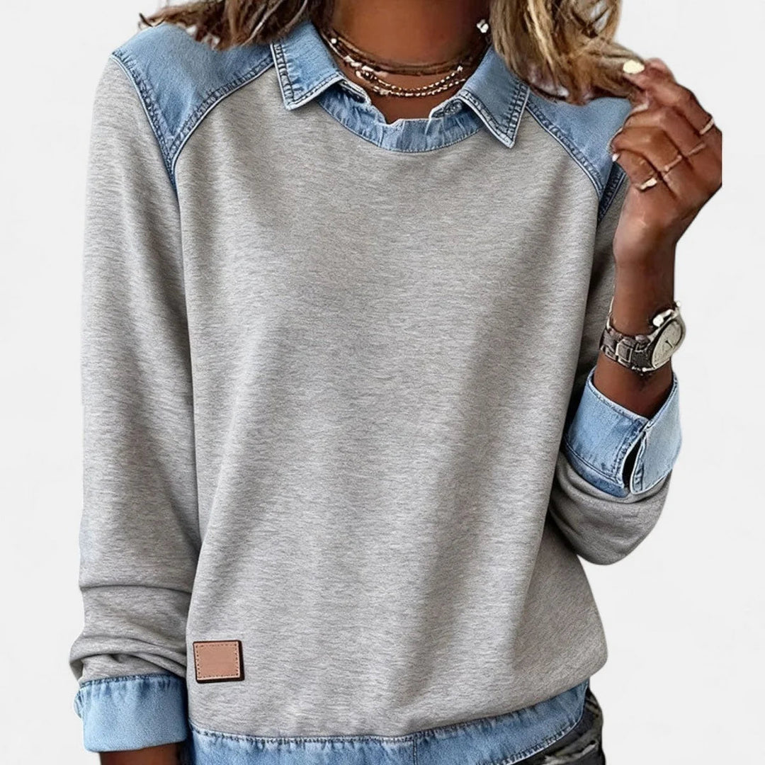 Pull femme élégant en tricot fin, col chemise stylé contrastant, tenue chic et confortable.