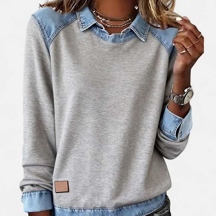 Pull femme élégant en tricot fin, col chemise stylé contrastant, tenue chic et confortable.