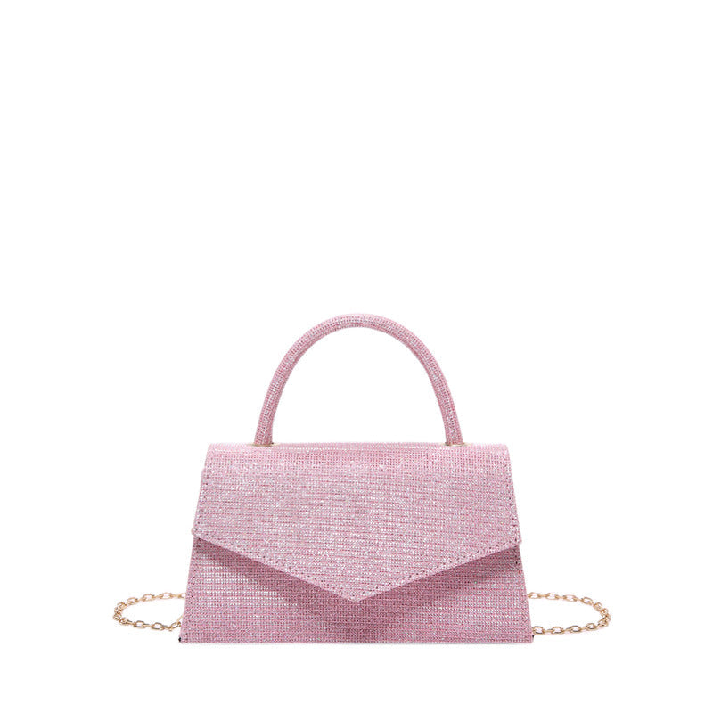 Élégant sac à main rose femme, petit carré, effet diamant. Pochette chic pour les soirées spéciales.