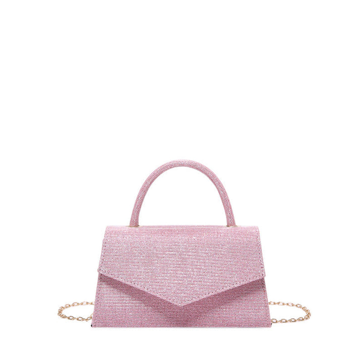 Élégant sac à main rose femme, petit carré, effet diamant. Pochette chic pour les soirées spéciales.