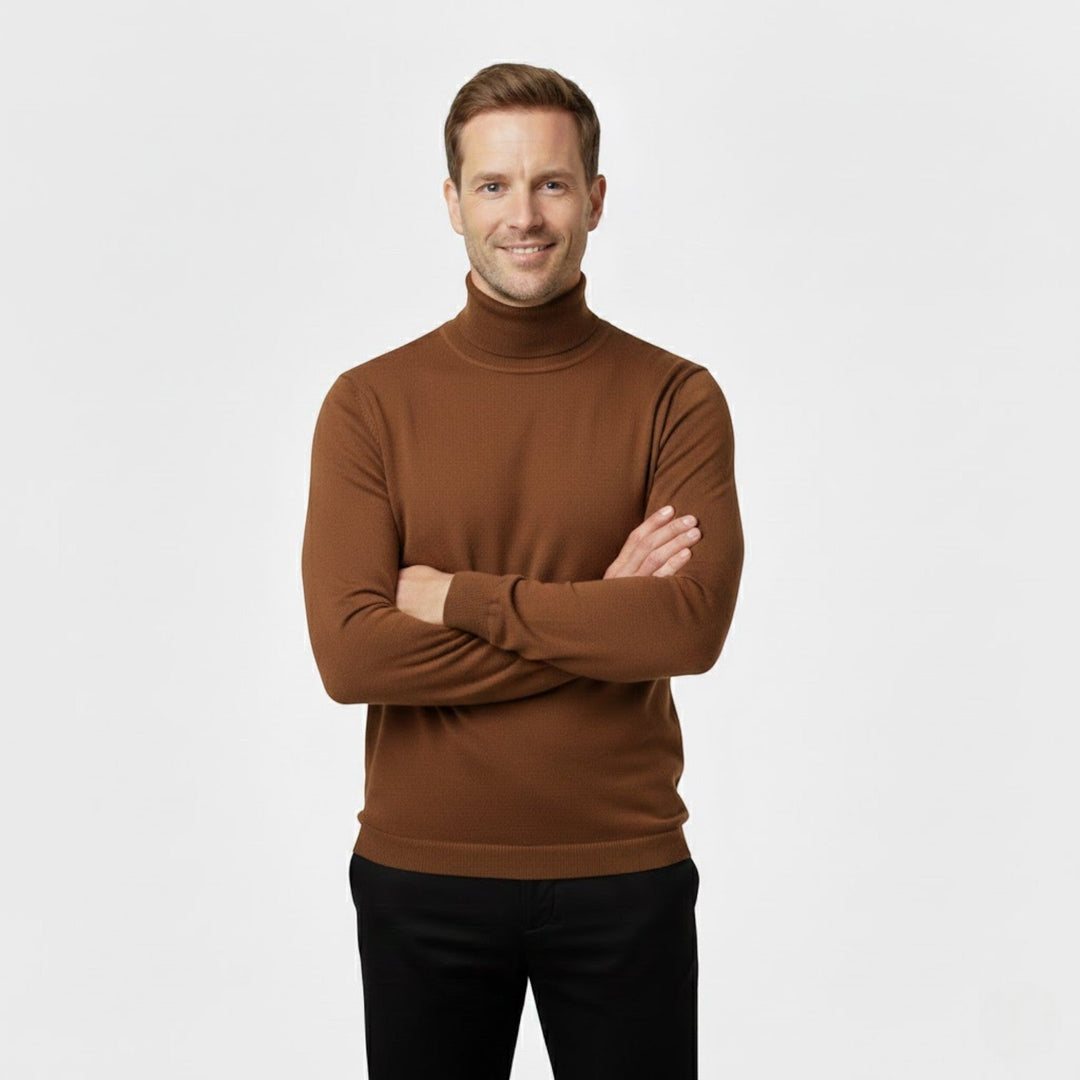 Pull col roulé homme en tricot à manches longues, coupe slim, pour une allure élégante et confortable en hiver.
