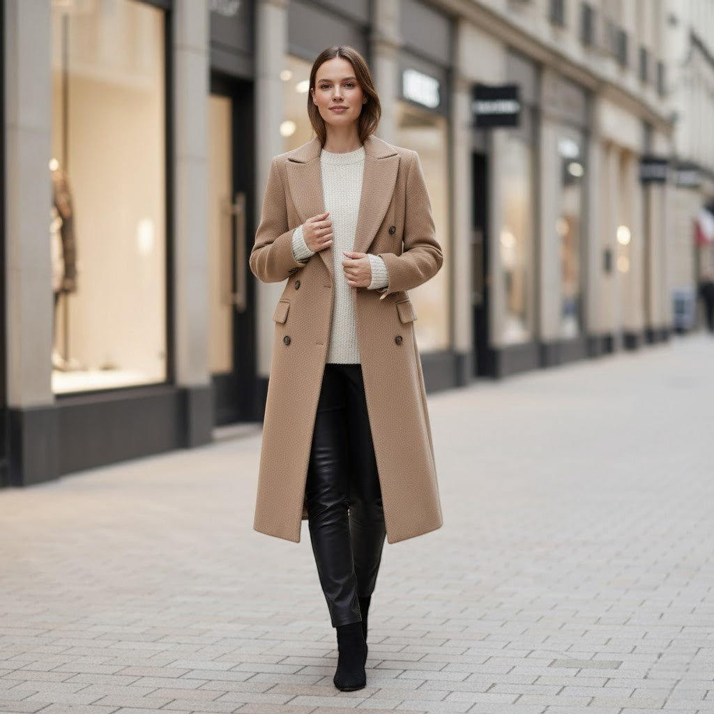 Manteau croisé élégant femme pour l'hiver, coupe droite sophistiquée. Idéal pour un look chaud et raffiné.