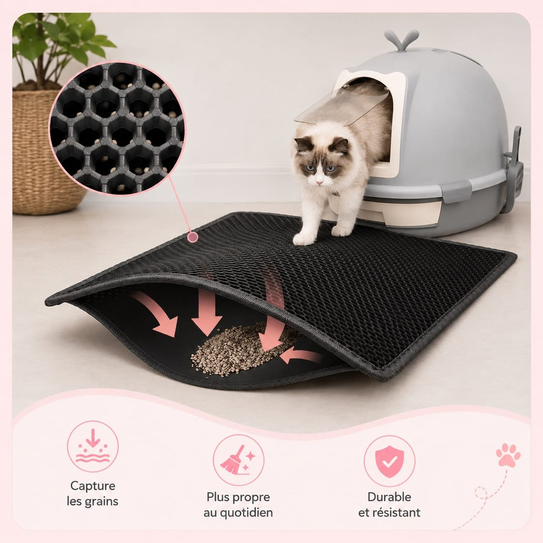 Tapis de litière pour chat double couche, capture granulés, anti-éclaboussures. Propreté maison optimale.