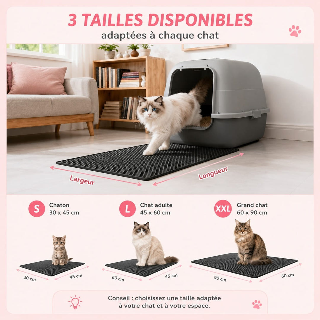 Accessoire confort chat: tapis litière doux, protège les pattes et le sol, zéro désordre autour du bac.