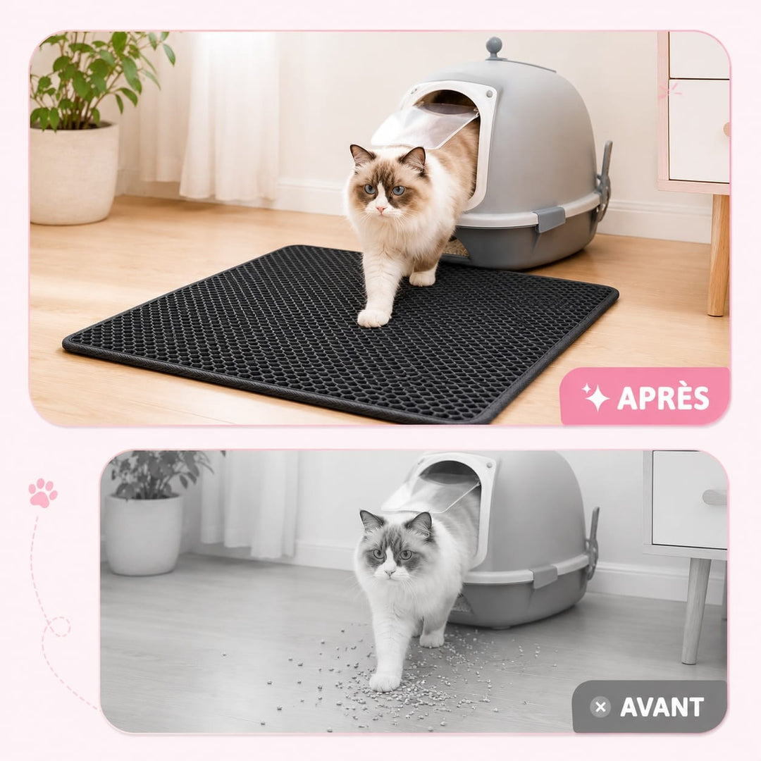 Un chat sort du bac à litière, tapis double couche innovant capturant les granulés sous ses pattes.