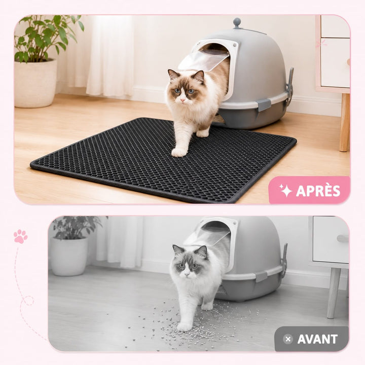 Un chat sort du bac à litière, tapis double couche innovant capturant les granulés sous ses pattes.