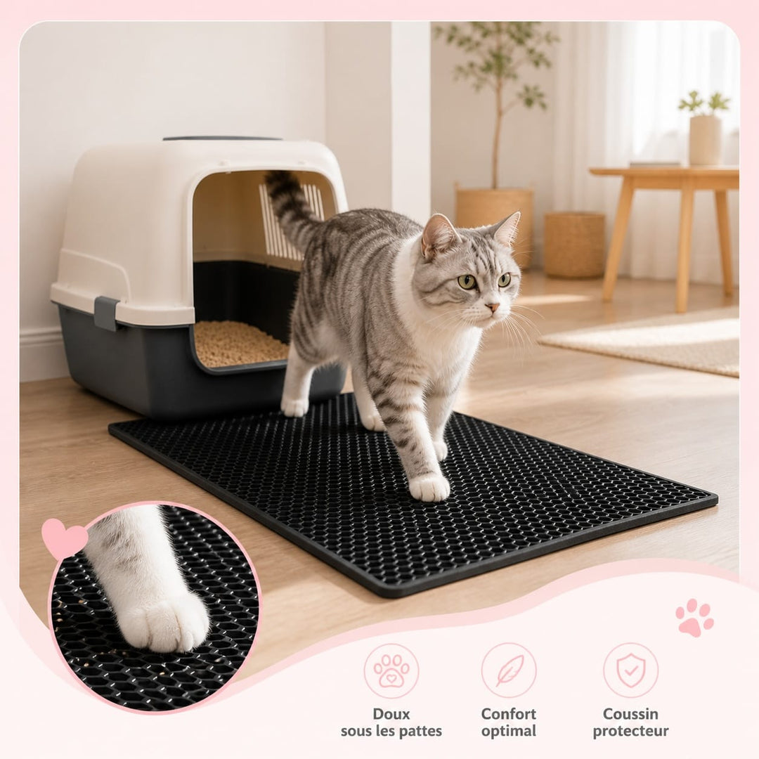 Gros plan sur la texture alvéolée du tapis de litière pour chat, montrant une capture efficace des résidus.