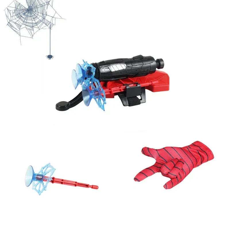 Enfant joue avec le lanceur de toiles et les gants de super-héros, tirant des fléchettes ventouse.