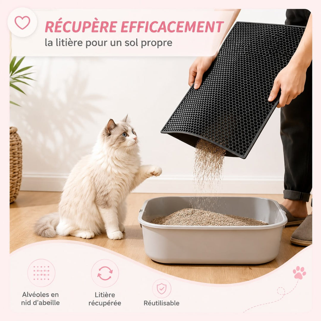 Tapis de litière chat anti-éclaboussures, adieu la litière partout! Gardez votre sol propre et sec facilement.