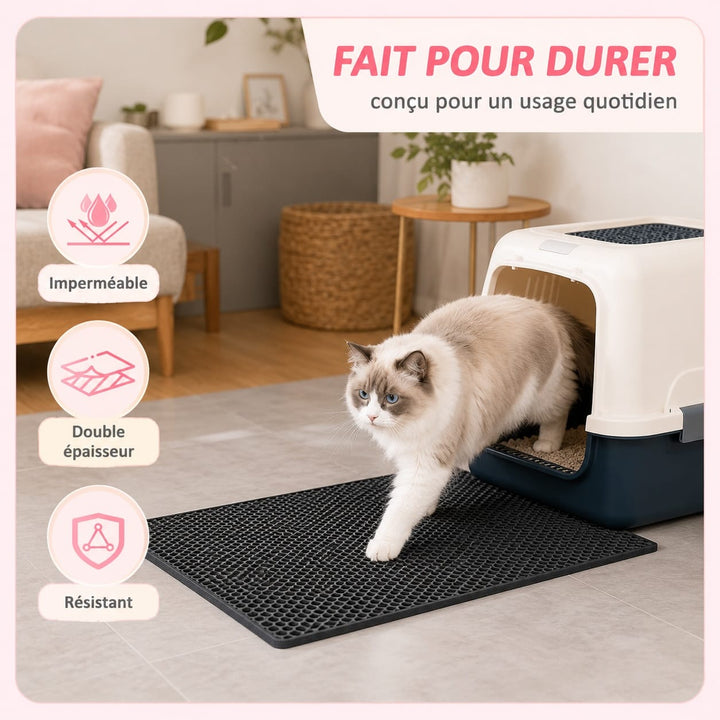 Produit pour chat: tapis de litière double couche gris, idéal pour maintenir la propreté autour du bac.