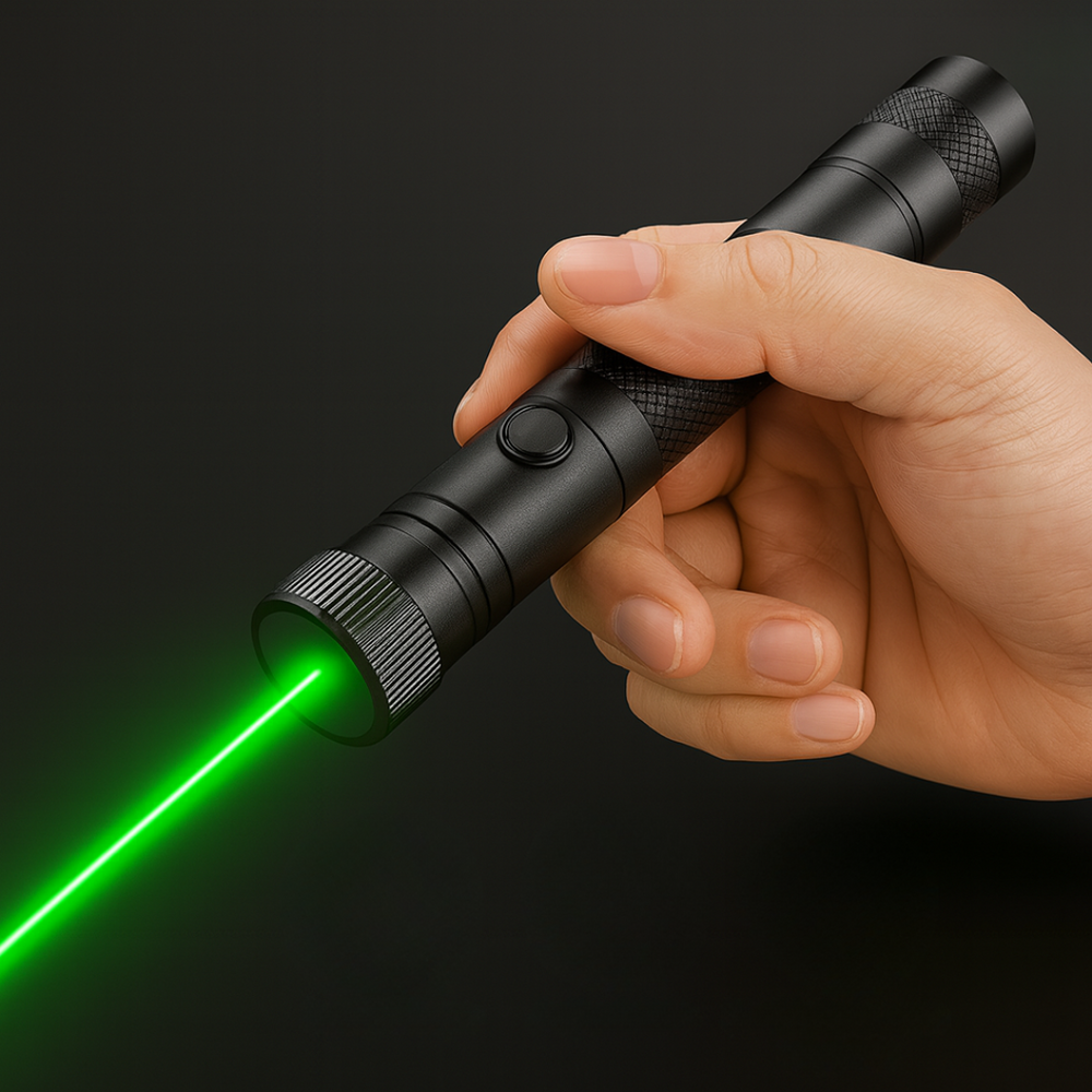 Pointeur laser professionnel vert et rouge en aluminium robuste, idéal pour sécurité et aventure.