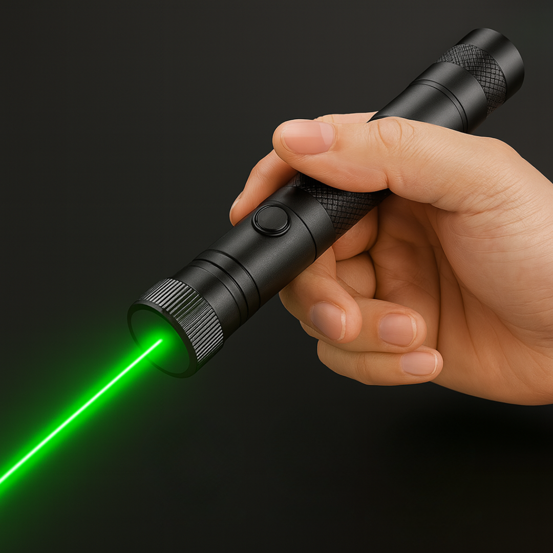 Pointeur laser professionnel vert et rouge en aluminium robuste, idéal pour sécurité et aventure.