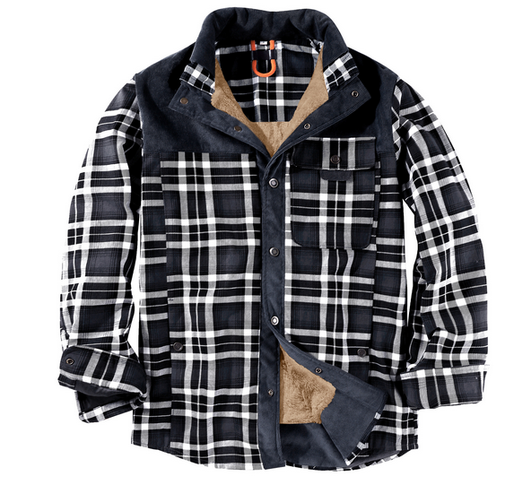 Homme en veste bûcheron à carreaux, coupe décontractée et style robuste, parfaite pour mode homme chic.