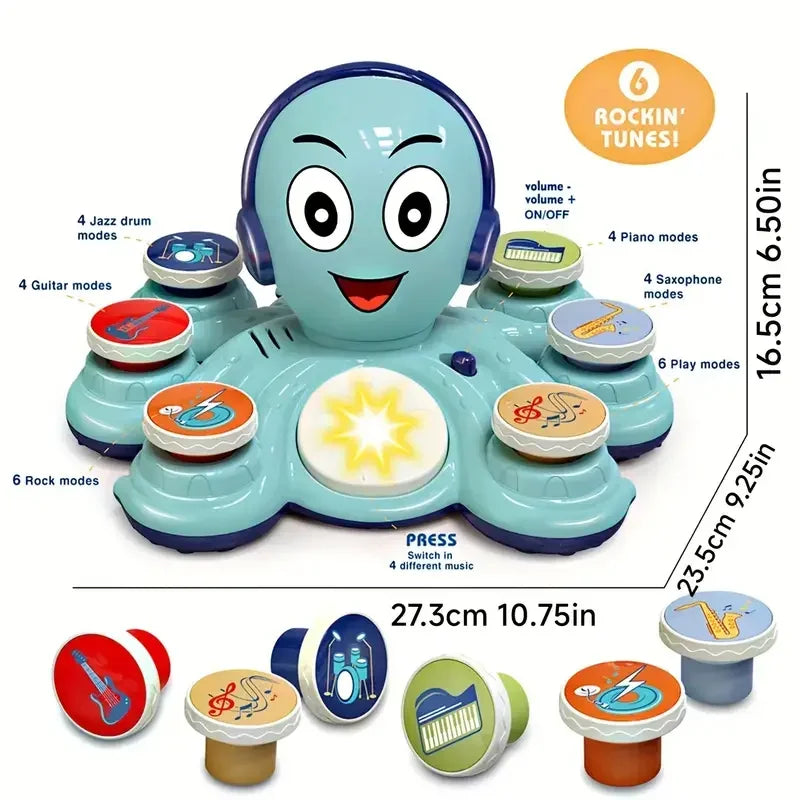 Poulpe interactif GroovyPus pour bébés, développant la motricité fine et l'apprentissage du rythme, en plastique ABS.