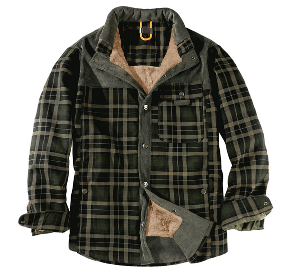 Veste bûcheron homme à carreaux rouges/noirs, coton robuste, idéale pour extérieur et style décontracté.