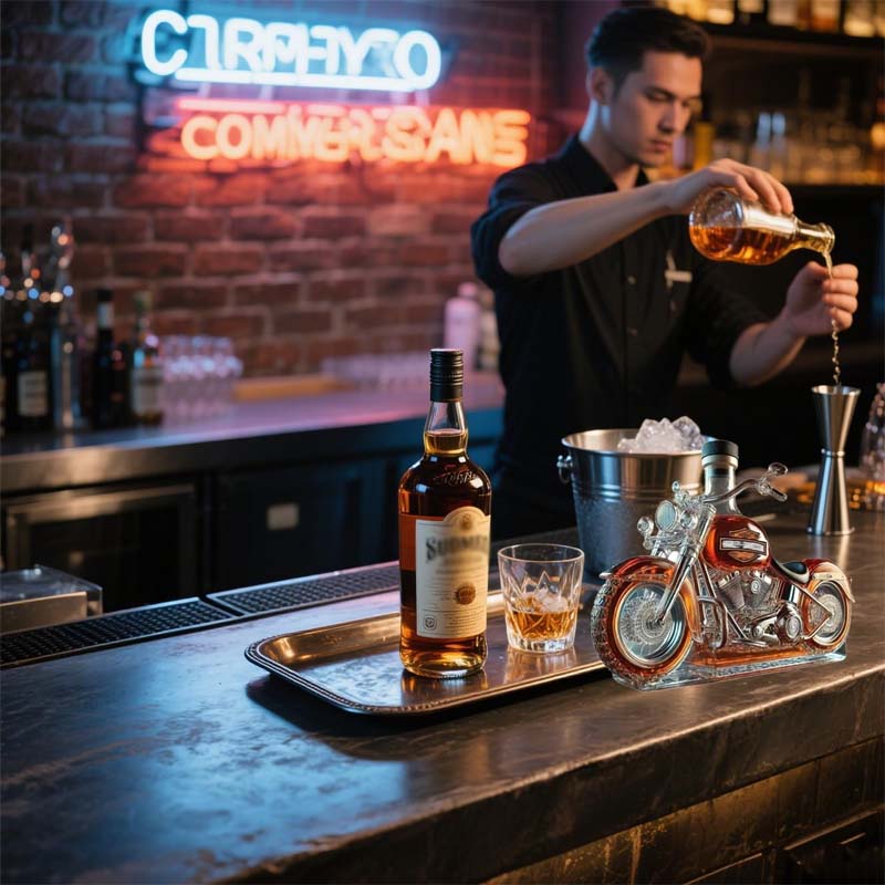 Élégante carafe à whisky moto, pièce maîtresse de collection pour bar et décoration intérieure unique.
