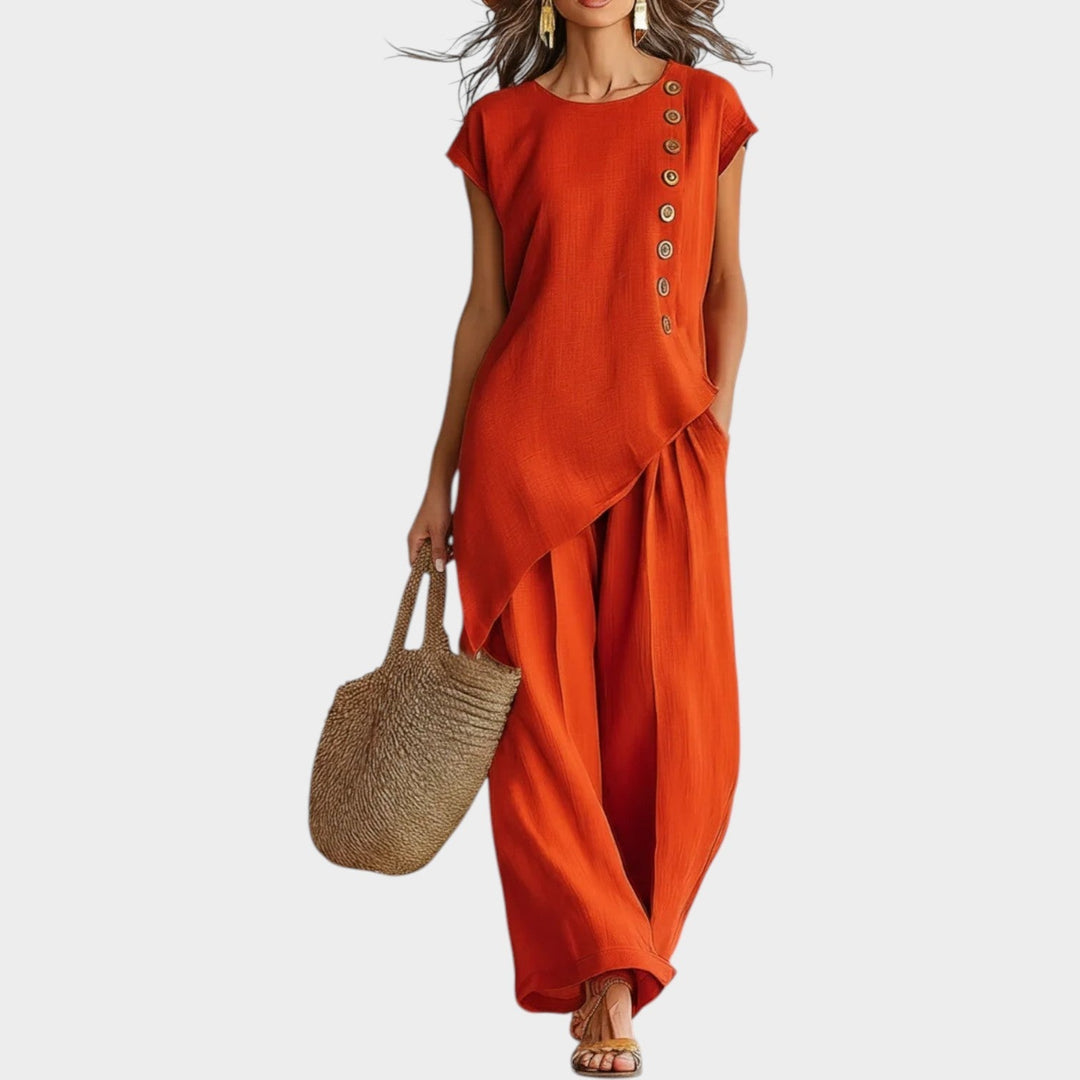 Ensemble lin femme été chic, haut asymétrique et pantalon fluide. Idéal tenue décontractée et respirante.