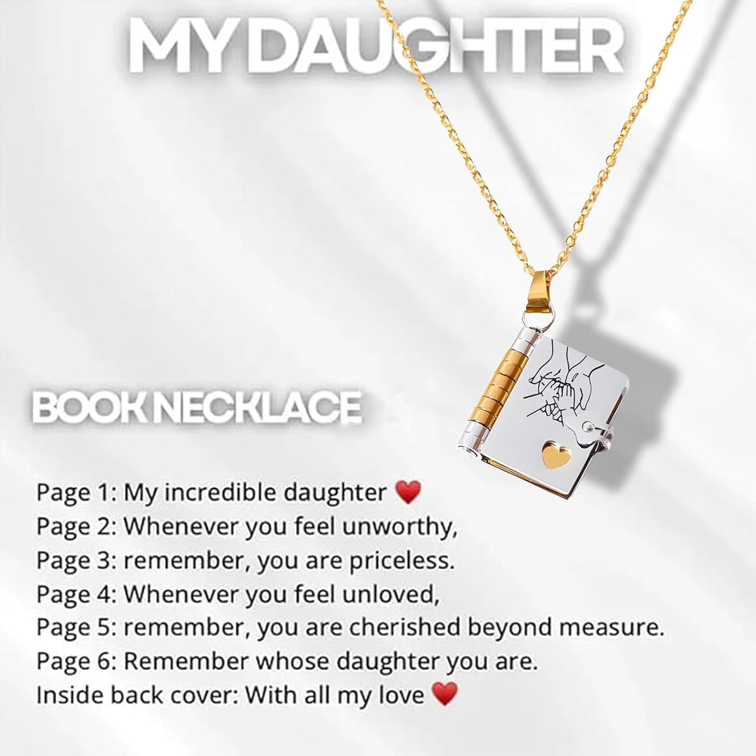 Collier sentimental en argent, pendentif livre avec message gravé, cadeau femme intemporel.