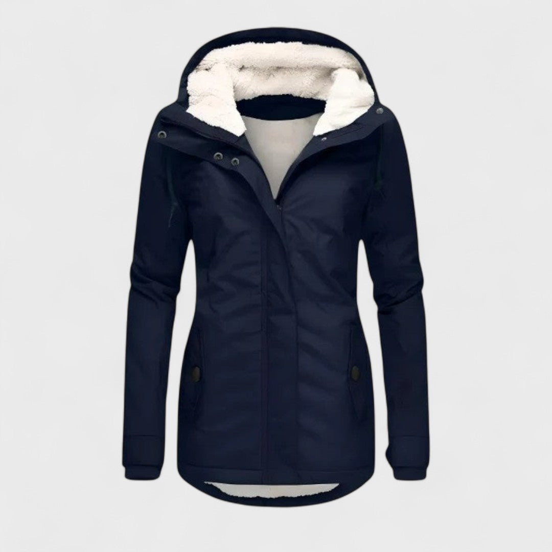 Veste femme à capuche imperméable, chaude et élégante, disponible en grandes tailles. Parfaite pour l'hiver casual.