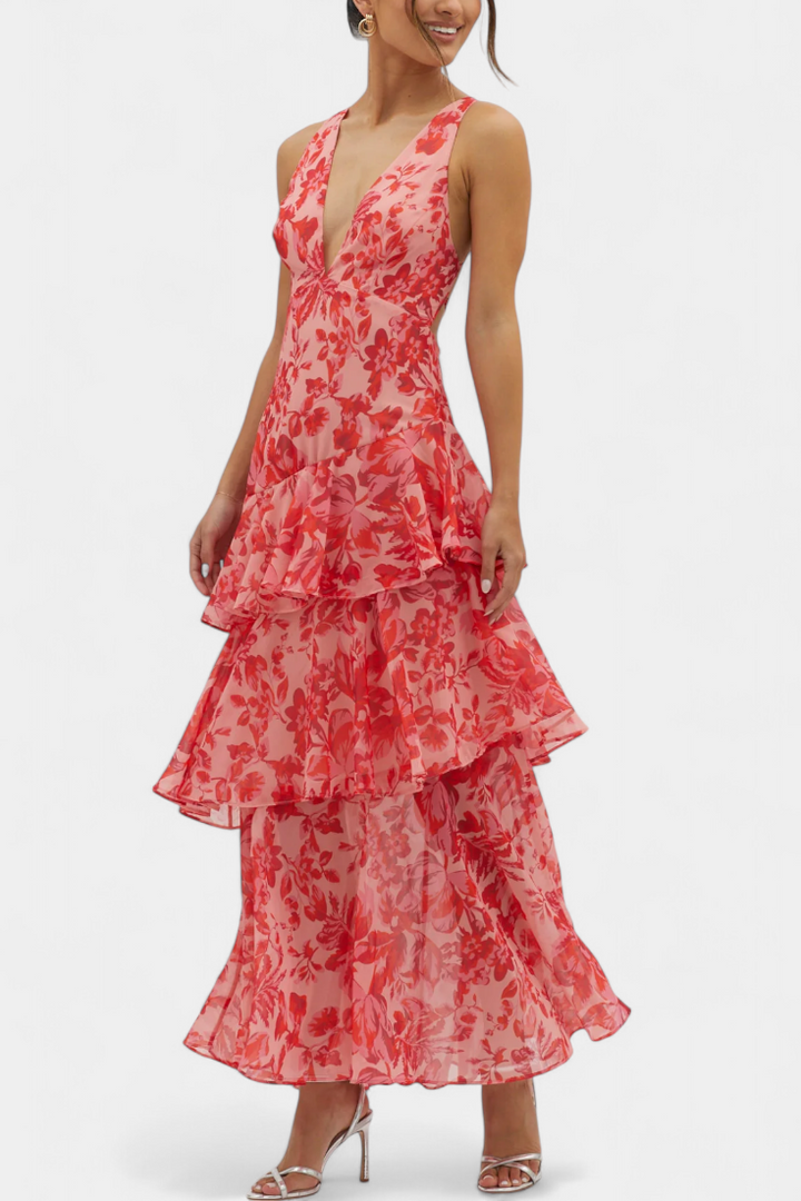 Robe de soirée longue fluide femme, décolleté en V. Vêtement femme élégant, confortable pour occasions spéciales.