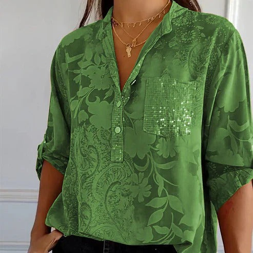 Blouse femme à manches longues, motif floral tendance, design polyvalent pour printemps/automne, confortable.