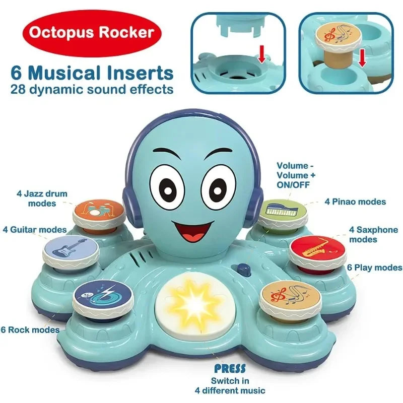 Jouet musical éducatif GroovyPus en forme de poulpe coloré, idéal pour l'éveil des enfants et la musique.