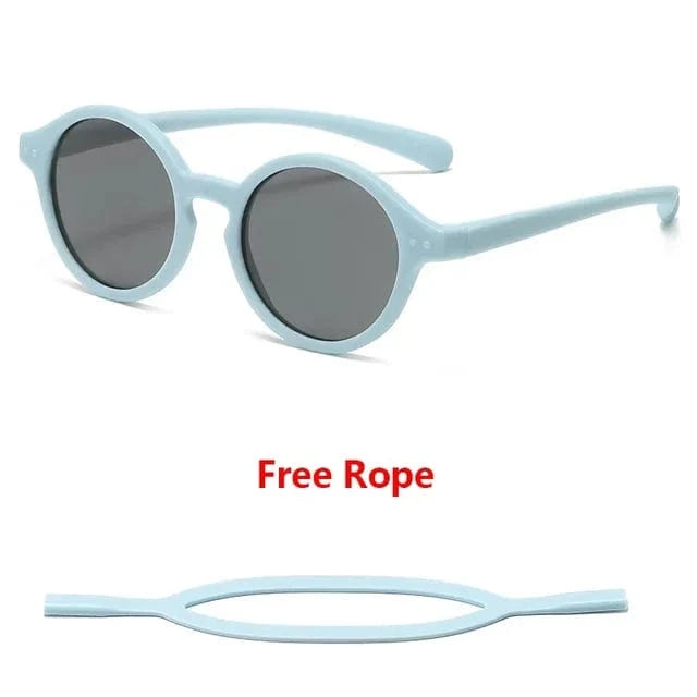 Lunettes bébé anti-UV400, monture flexible incassable, sangle ajustable, confort et sécurité.