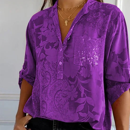 Blouse femme fluide à motif fleur élégant, manches longues, col rond, look printanier/automnal.