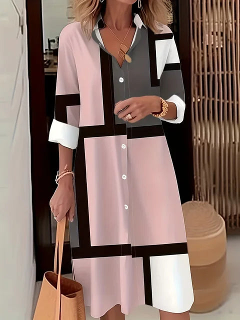 Tenue femme: Robe chemise fluide à motifs géométriques, confortable et chic pour le printemps.