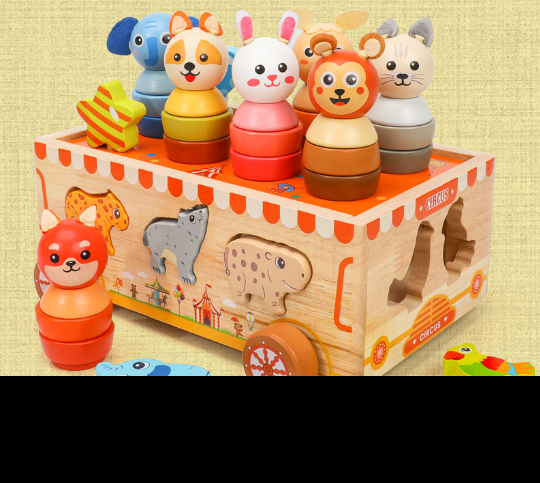Camion de cirque éducatif avec animaux, jouet en bois et plastique pour enfants, stimule l'apprentissage et la motricité.