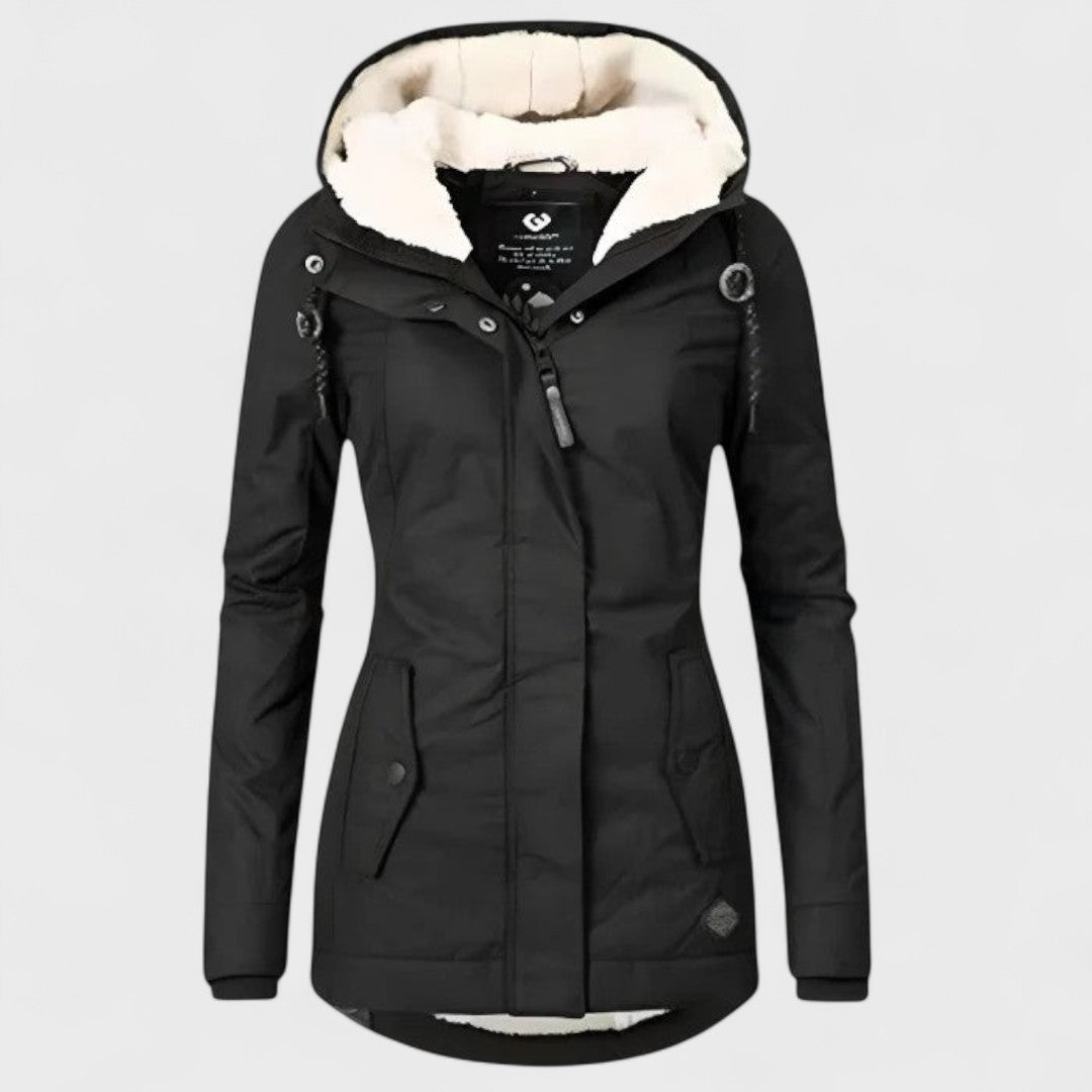 Veste femme imperméable et chaude avec capuche. Parfaite pour l'extérieur, protège du vent et du froid en hiver.