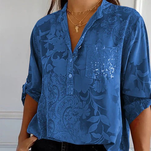 Blouse femme confortable et chic, motif fleurs coloré, manches longues, idéale pour toute saison.