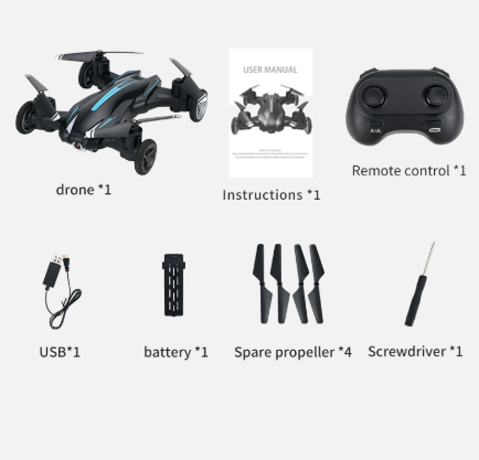 Drone et voiture RC 2-en-1 bleu, jouet télécommandé avec lumières LED pour enfants, offrant vol et course.
