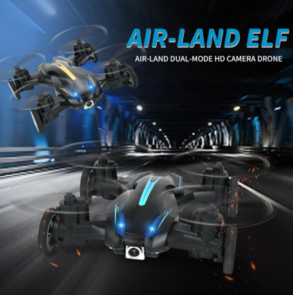 Jouet télécommandé 2-en-1 bleu: voiture et drone pour enfant avec lumières LED, idéal pour course et vol.
