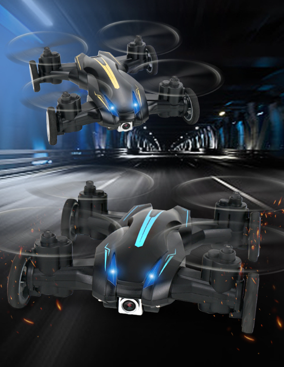 Cadeau enfant: jouet éducatif télécommandé 2-en-1, voiture et drone bleu avec lumières LED pour vol amusant.