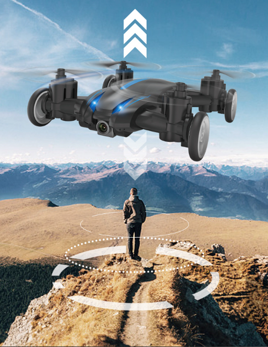 Voiture et drone télécommandé 2-en-1 bleu avec lumières LED pour enfants, jouet RC rechargeable.