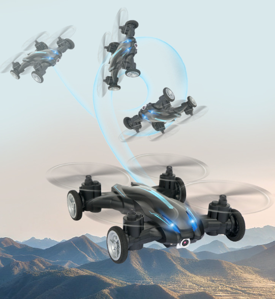 Jouet enfant 2-en-1: véhicule télécommandé bleu voiture et drone, rechargeable avec lumières LED.