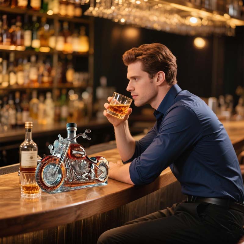 Cadeau original : carafe à whisky en forme de moto pour embellir votre bar ou votre maison.