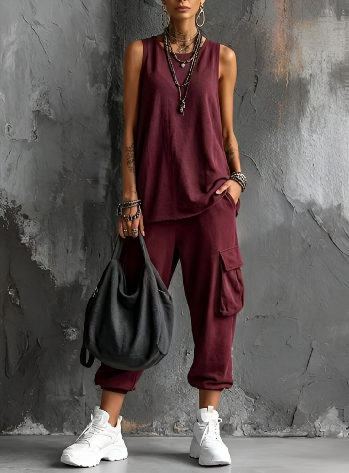 Look décontracté chic femme avec top sans manches tendance et pantalon cargo ample moderne.